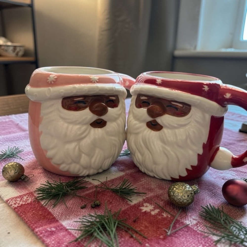 NWT Festive Black Mr & Mrs Santa Ceramic Mug Set -Red & Pink Holiday Coffee Mug